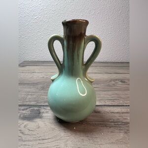 Vintage Green & Brown Drip Glaze Ceramic Vase TWO Handles 4.5” Tall Mid Century